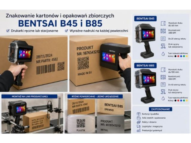 Zastosowanie drukarek ręcznych BENTSAI B45 i B85 do znakowania kartonów i opakowań zbiorczych.